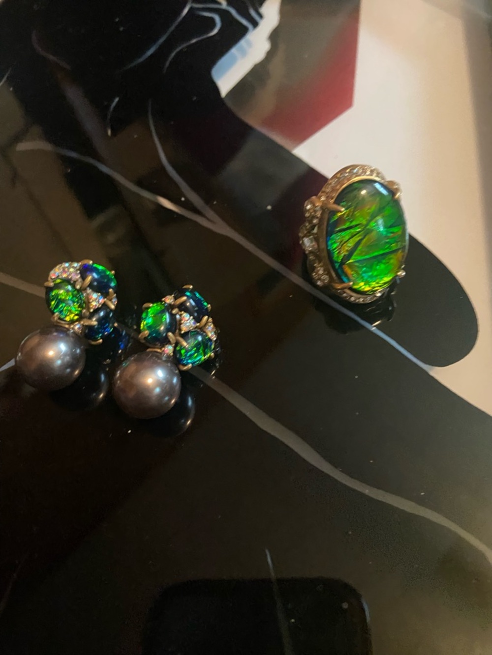 Emerald Fire Faux Opal Cocktail Ring and Trifari Earrings Set